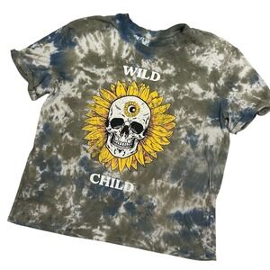 Womens XXXL Tie Dye Wild Child Sunflower Skull Graphic T Shirt Worn Grunge